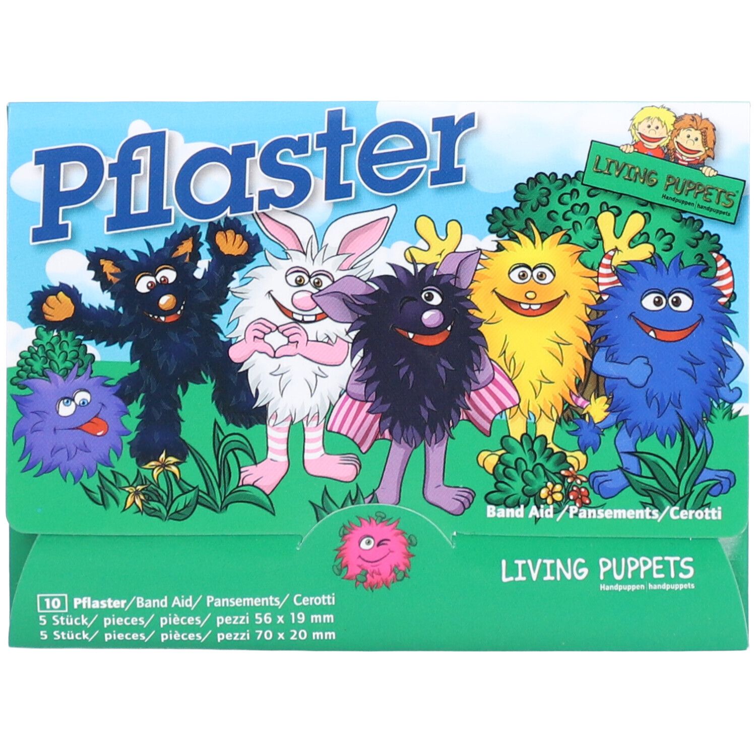 Verpackung mit Kinderpflaster. Mehrfarbige Monster-Illustrationen. Text: Pflaster, Band Aid, Living Puppets. 10 Pflaster, 56x19mm und 70x20mm.