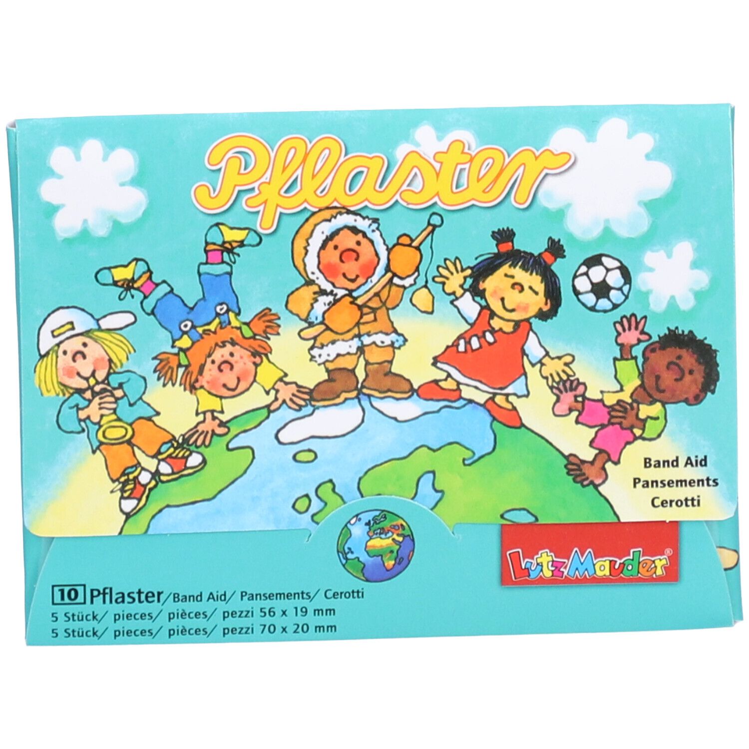 Verpackung mit Pflastern. Kinder der Welt-Motiv. 10 Pflaster in zwei Größen. Illustration von Kindern auf einer Weltkarte.