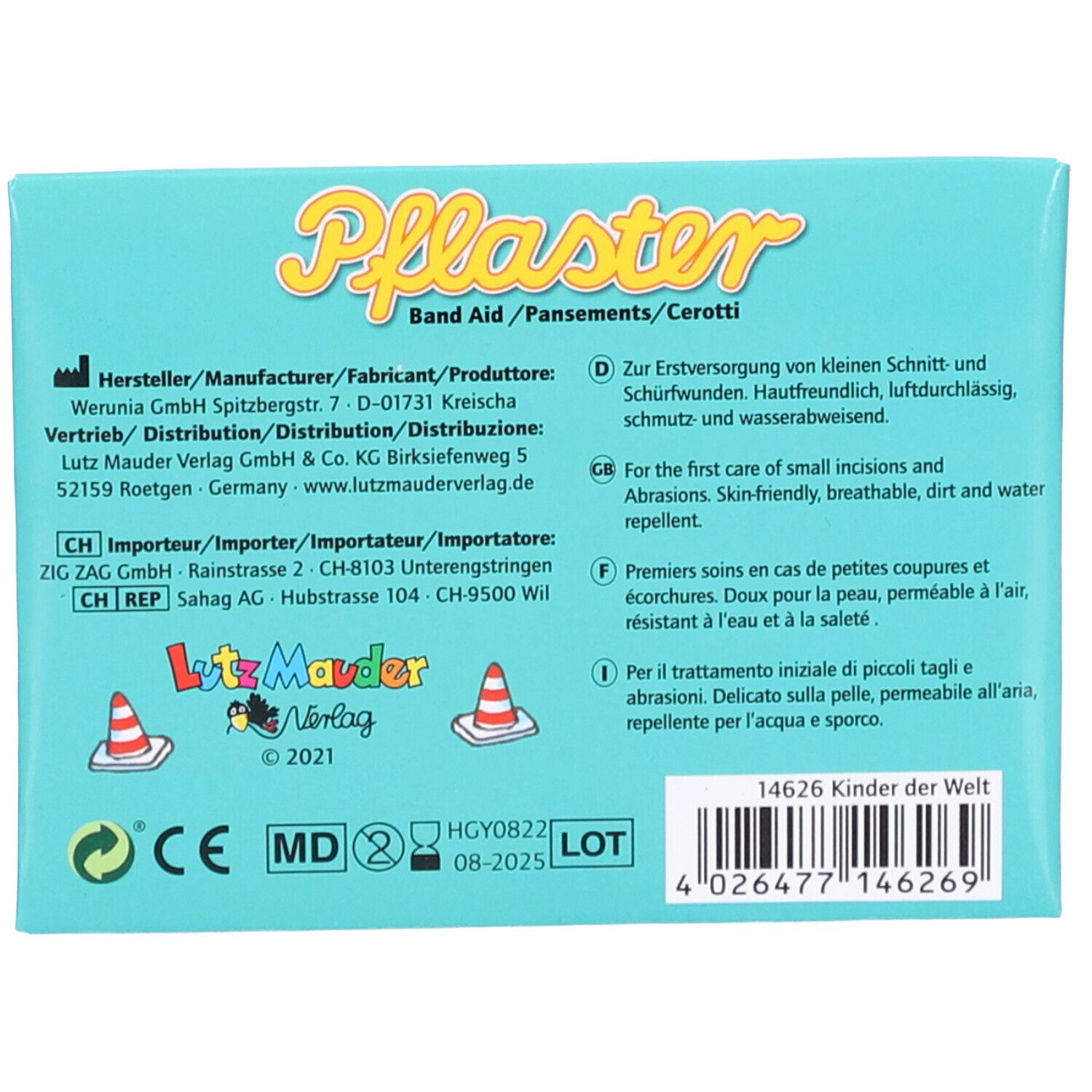 Rückseite der Pflasterverpackung. Text: Hersteller, Gebrauchsanweisung, Chargennummer, Haltbarkeit. Logo: Lutz Mauder Verlag.