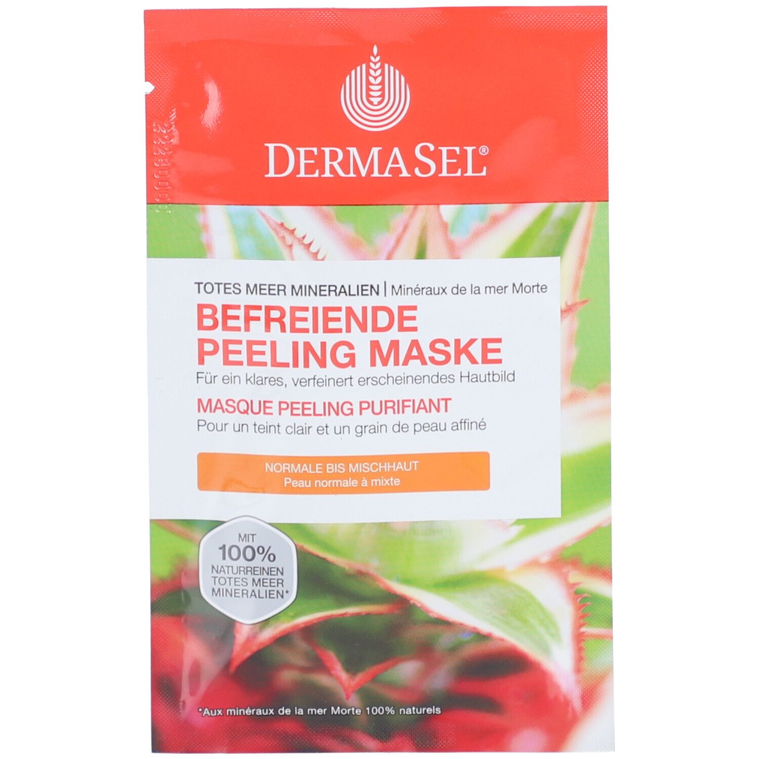 Sachet DERMASEL Peeling Maske. Texte, logo et ingrédients. Design orange et blanc avec nom du produit et minéraux.