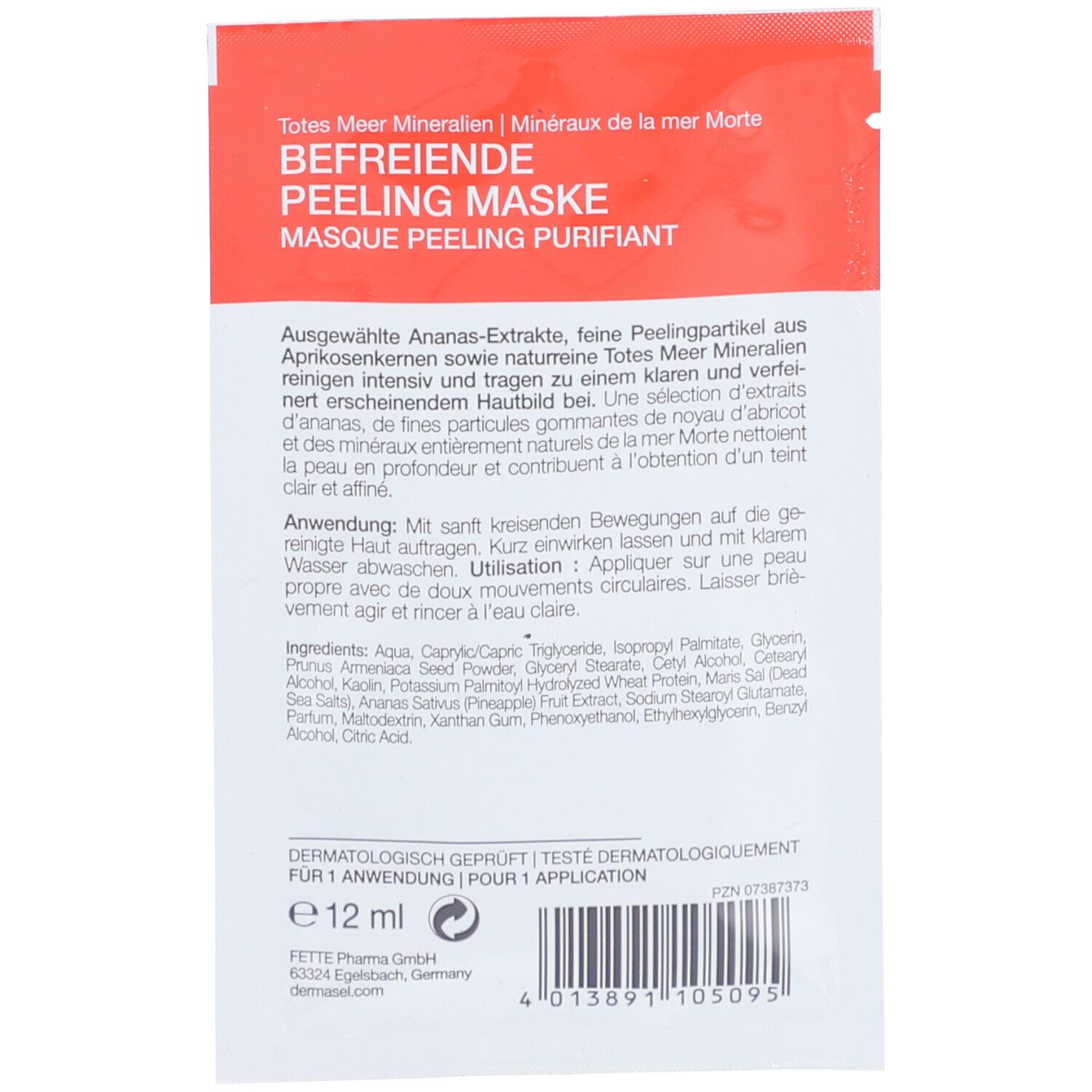 Dos de la DERMASEL Peeling Maske. Texte avec ingrédients, instructions d'utilisation et informations du fabricant.