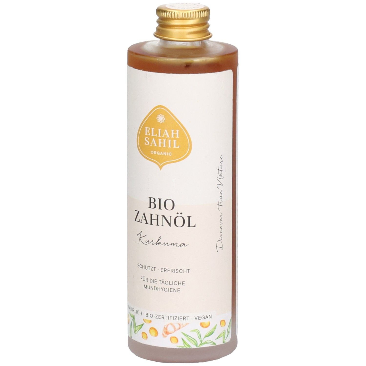 Zylindrische Flasche mit brauner Flüssigkeit. Weißes Etikett mit Produktnamen und Logo. Goldener Deckel.