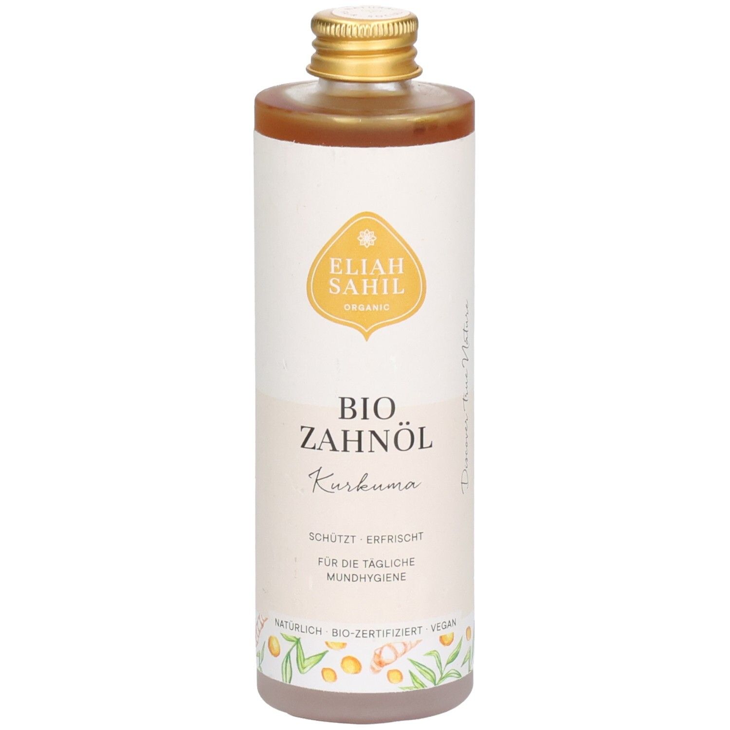 Zylindrische Flasche mit brauner Flüssigkeit. Weißes Etikett mit Produktnamen und Logo. Goldener Deckel.