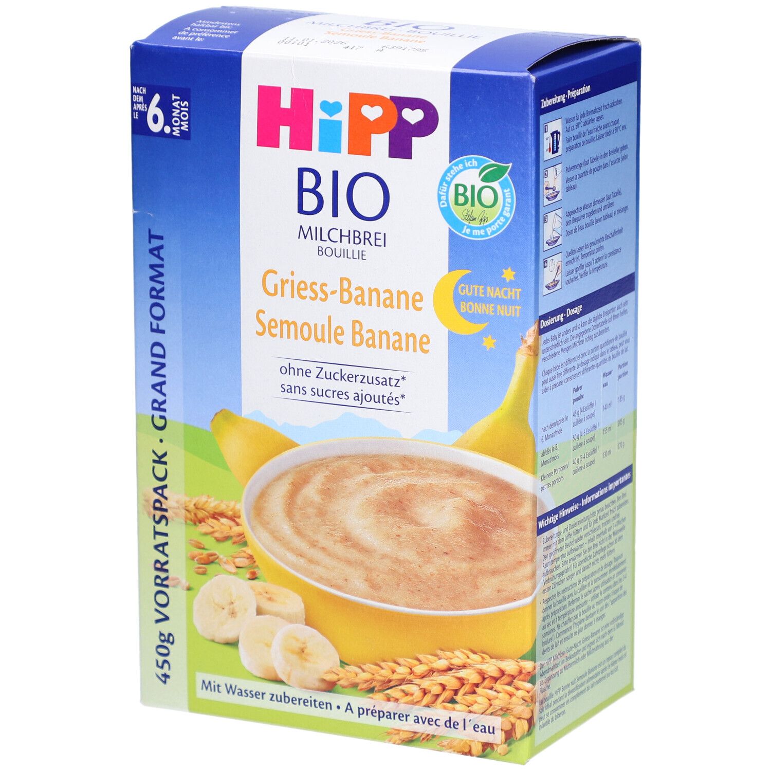 Verpackung von HIPP Bio Milchbrei Grieß Banane. Blaue Box mit Produktbild, Logo, und Text. Bio-Siegel und Text "Ab 6 Monaten".