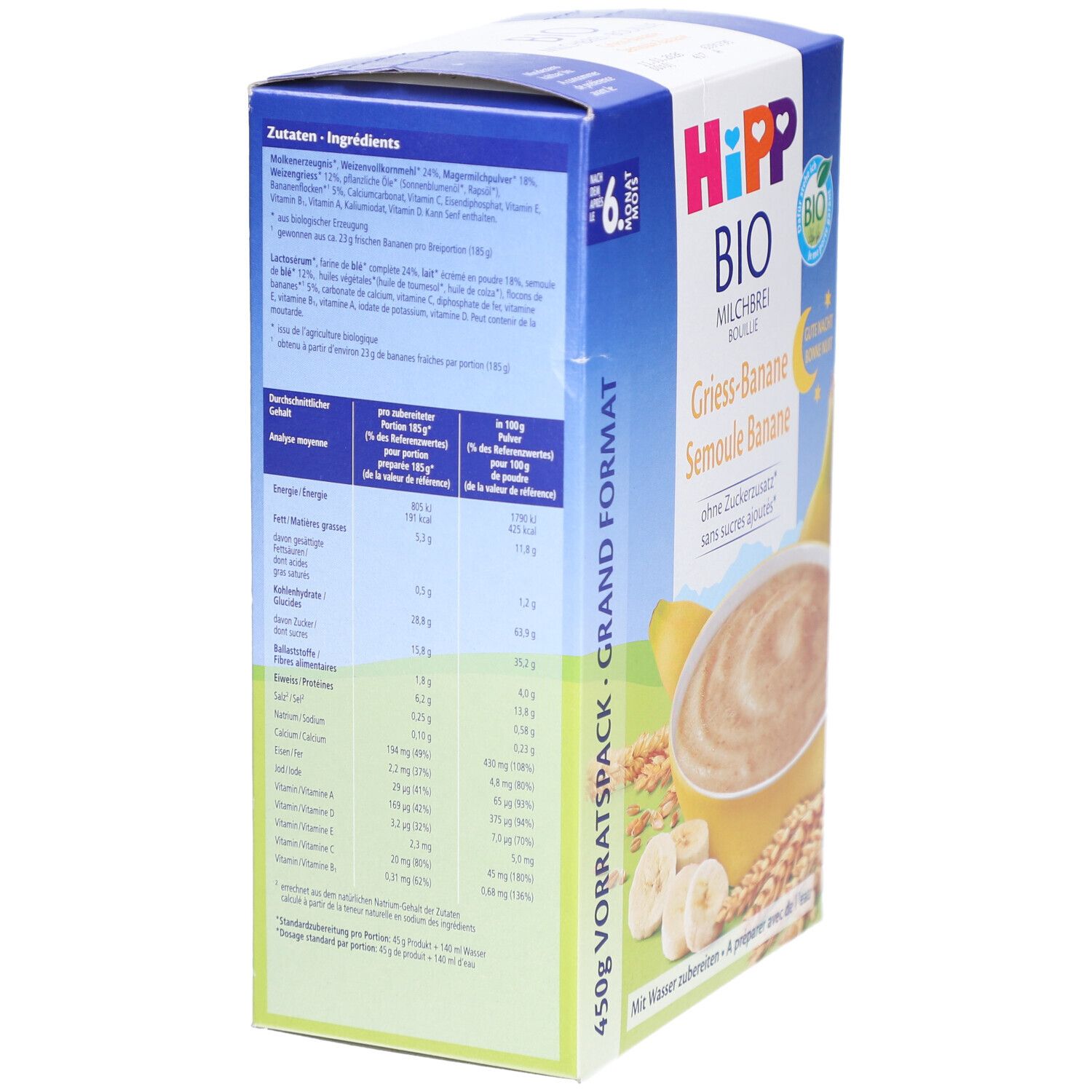 Rückseite der HIPP Bio Milchbrei Grieß Banane Verpackung. Zutatenliste, Nährwertangaben und Logo. Text in Deutsch und Französisch.