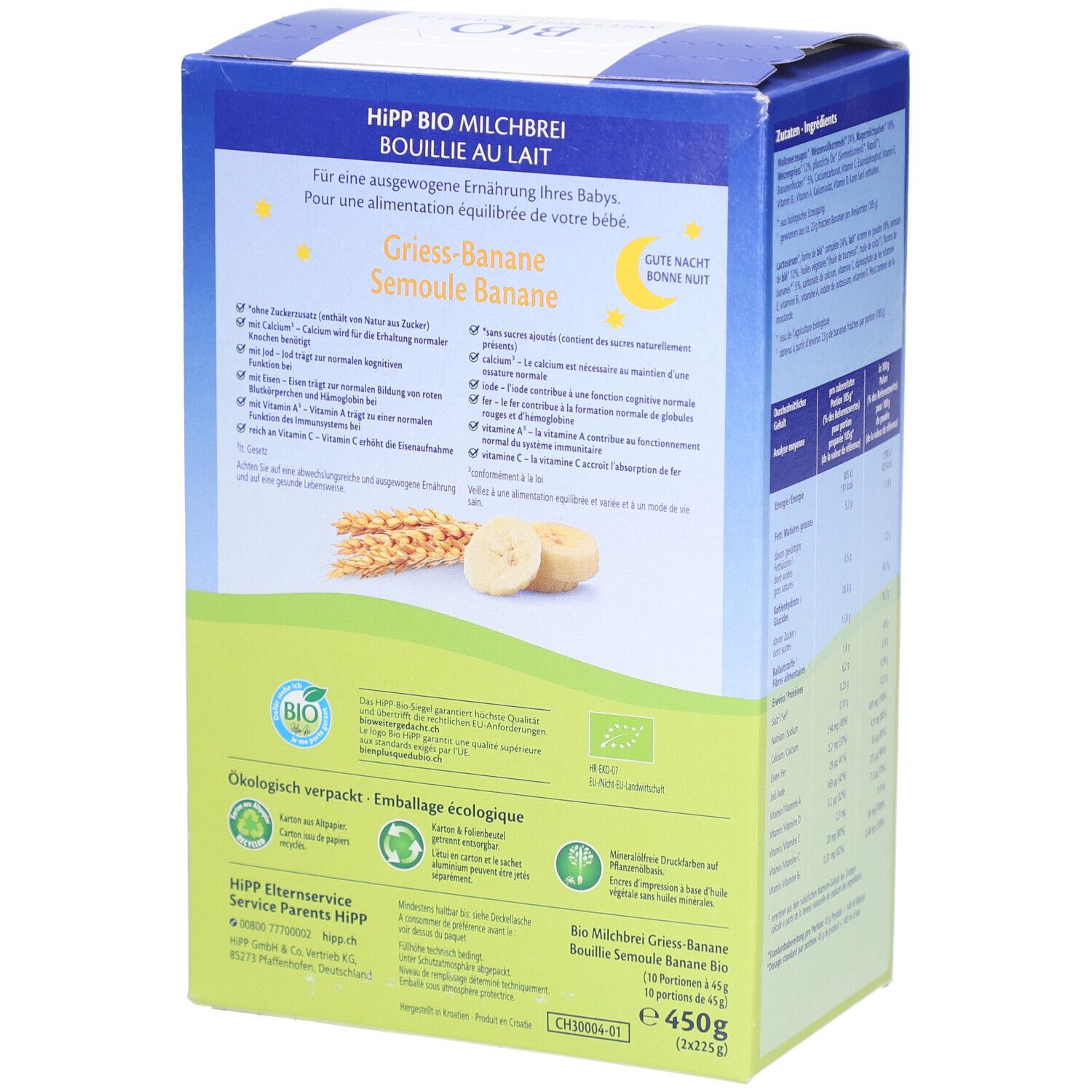 Seite der HIPP Bio Milchbrei Grieß Banane Verpackung. Text über die Ernährung für Babys, Bio-Siegel und weitere Logos.