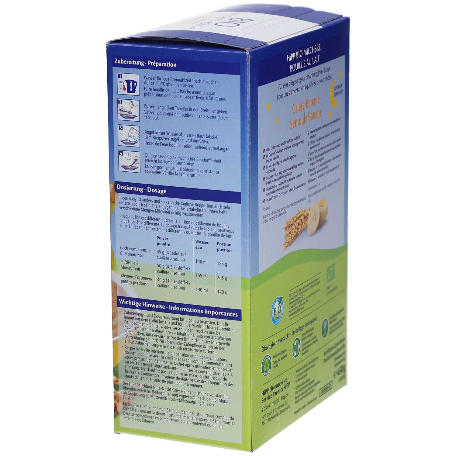 Seite der HIPP Bio Milchbrei Grieß Banane Verpackung. Zubereitungshinweise und Dosierungsanleitung. Text in Deutsch und Französisch.