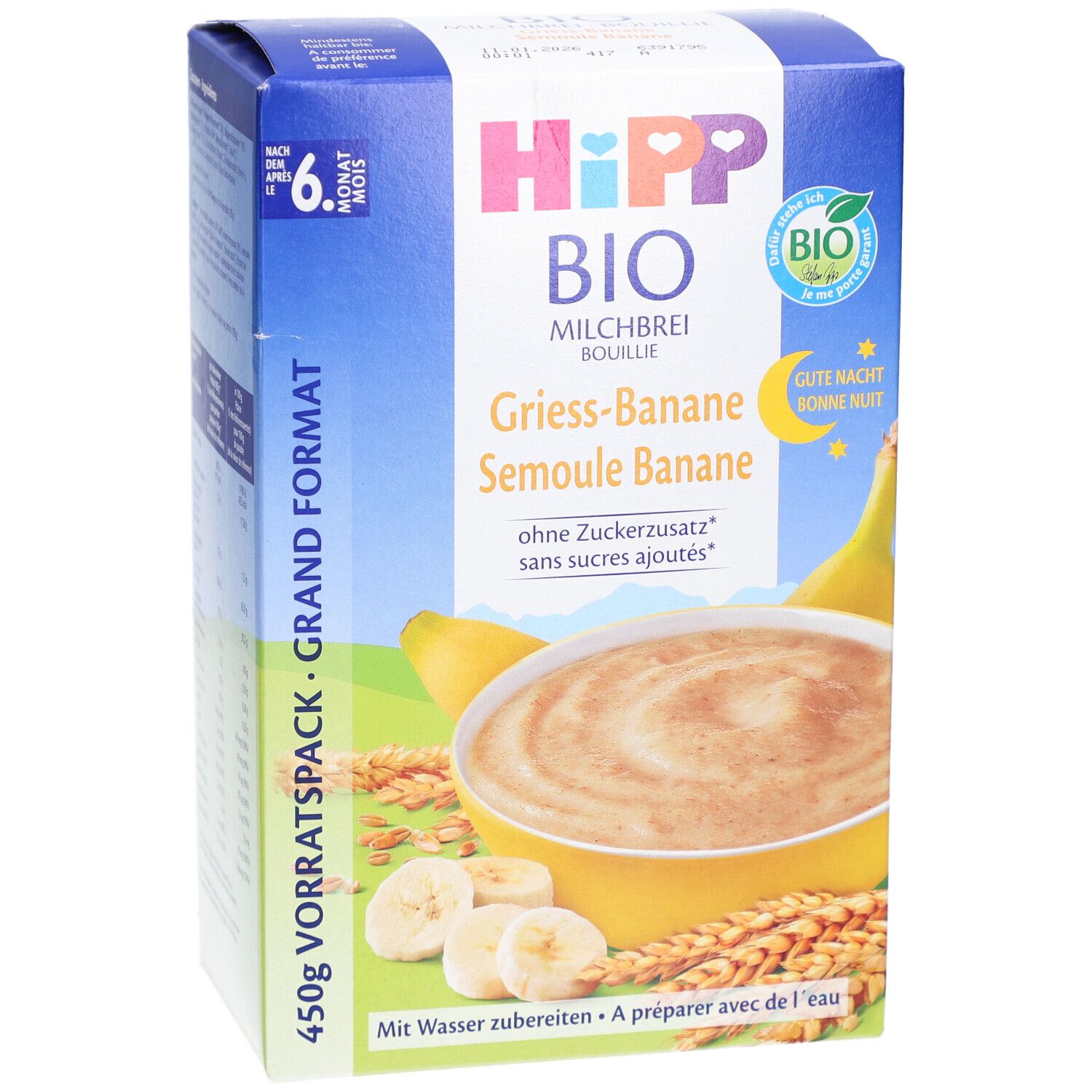 HIPP Bio Milchbrei Grieß Banane Verpackung. Blaue Box mit Produktbild, Logo, und Text. Bio-Siegel und Text "Ab 6 Monaten".