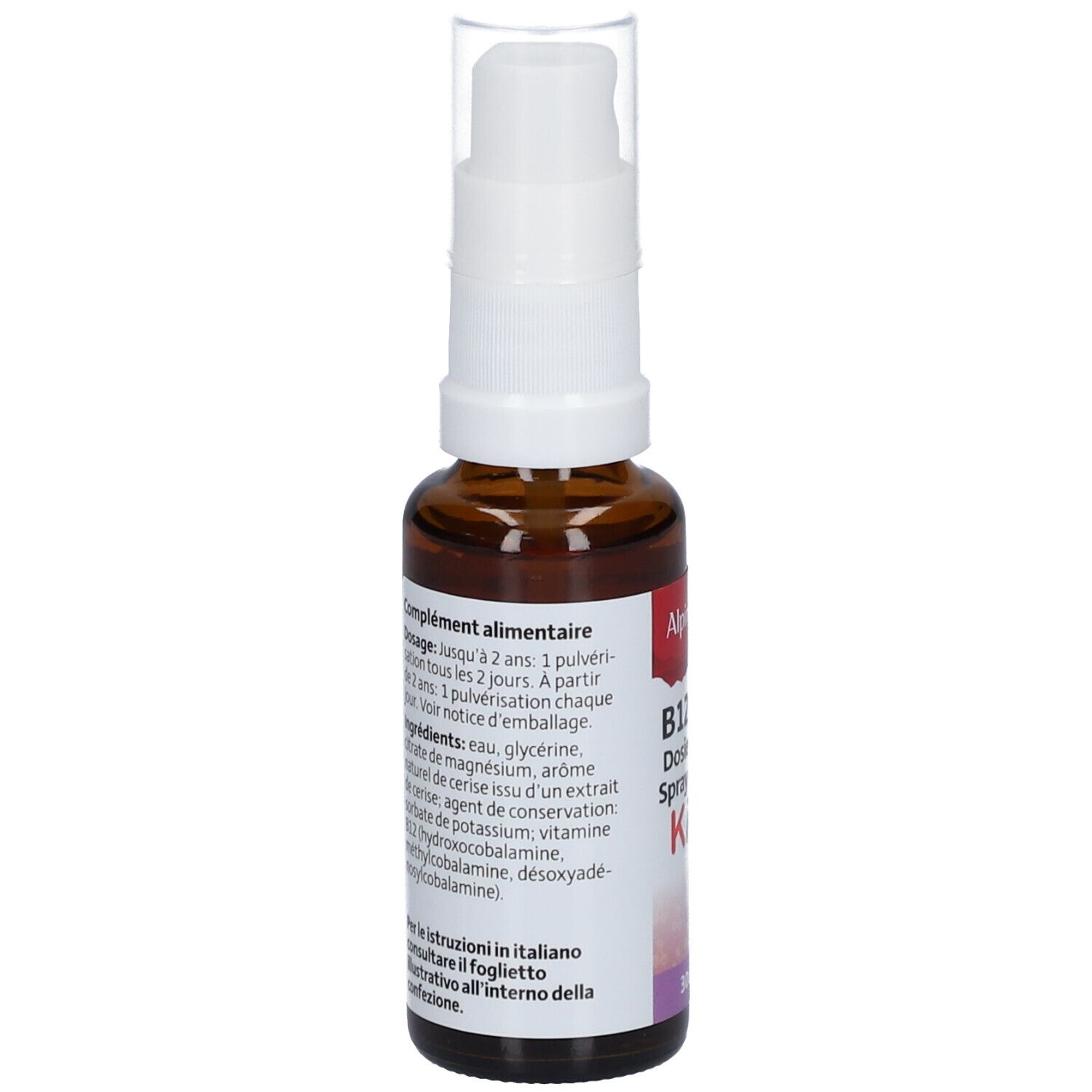 Braune Glasflasche mit weißem Sprühkopf. Aufschrift: B12 Trio Dosierspray Kids. Vegan-Siegel. Etikett mit Inhaltsstoffen.