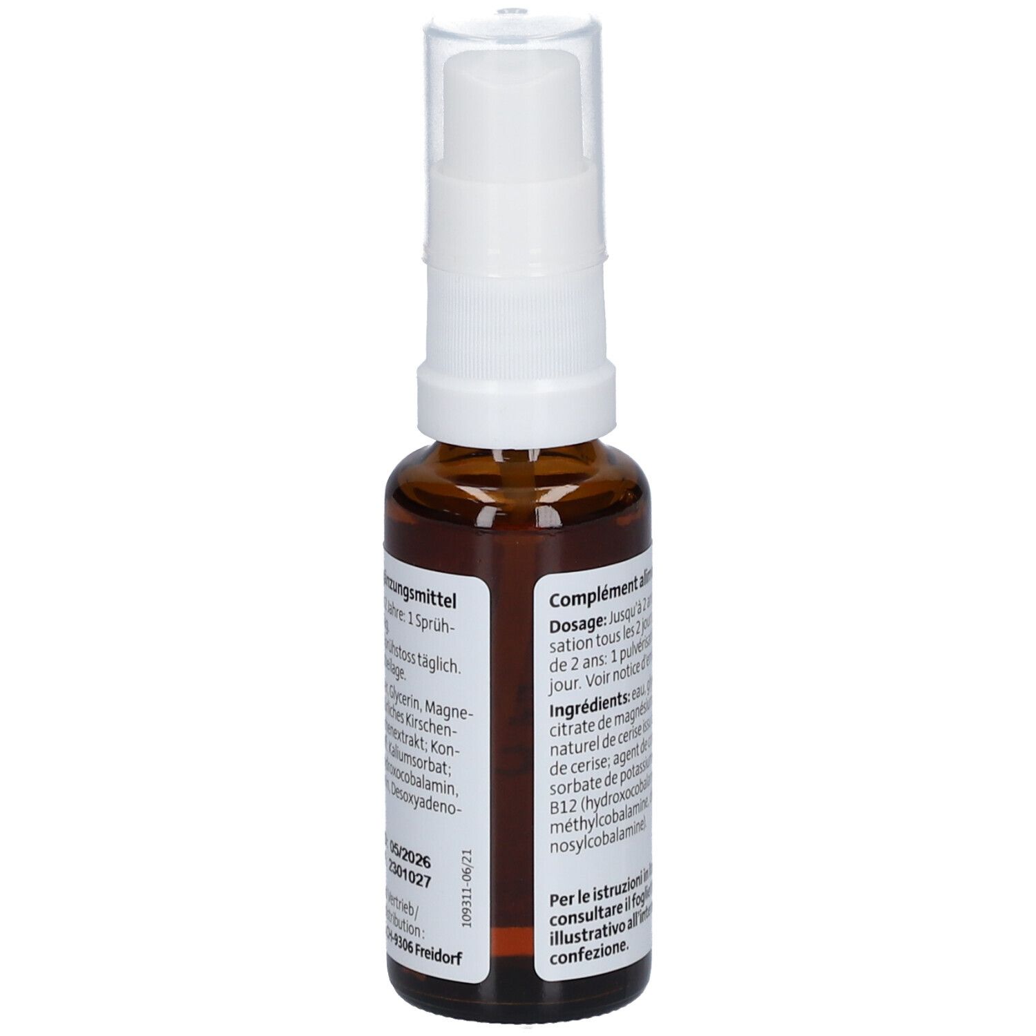 Braune Glasflasche mit weißem Sprühkopf. Aufschrift: B12 Trio Dosierspray Kids. Vegan-Siegel. Etikett mit Inhaltsstoffen.