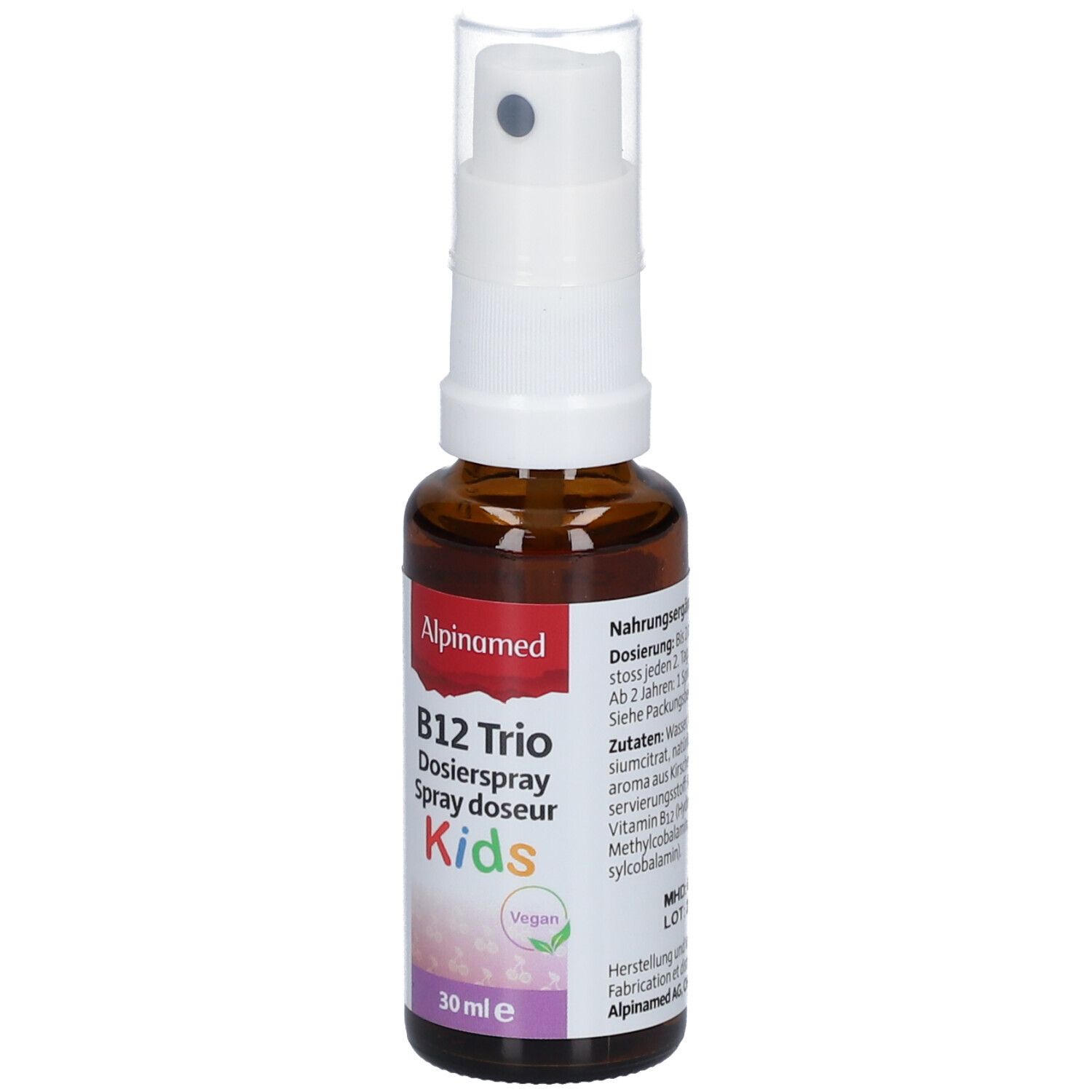 Braune Glasflasche mit weißem Sprühkopf. Aufschrift: B12 Trio Dosierspray Kids. Vegan-Siegel. 30 ml.