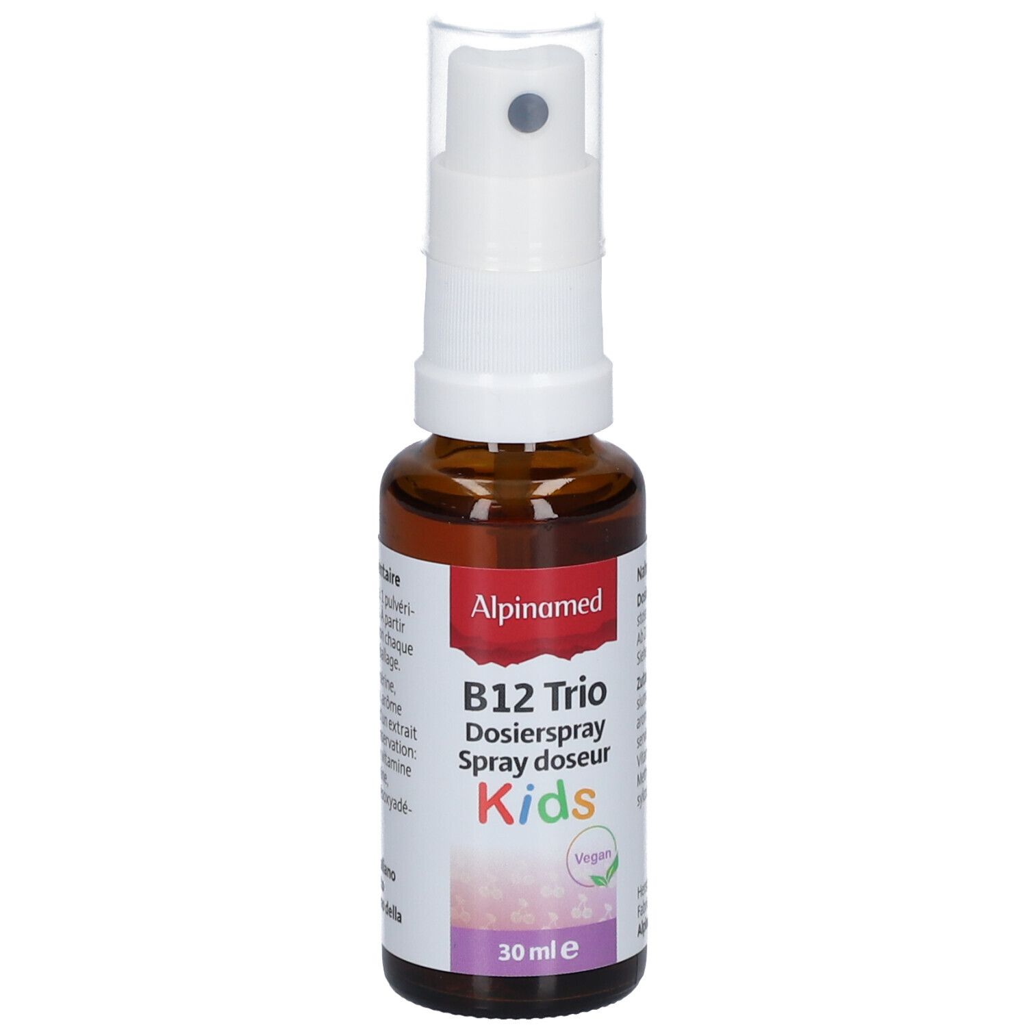 Braune Glasflasche mit weißem Sprühkopf. Aufschrift: B12 Trio Dosierspray Kids. Vegan-Siegel. 30 ml.