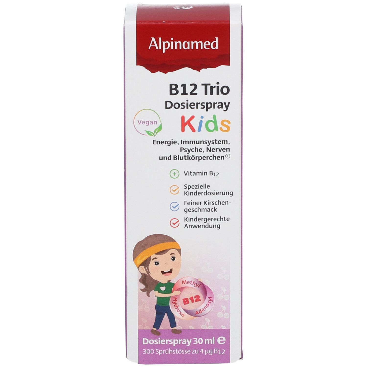 Produkt und Verpackung. B12 Trio Dosierspray Kids. Weiße Schachtel mit Produktabbildung und Text. Vegan-Siegel.