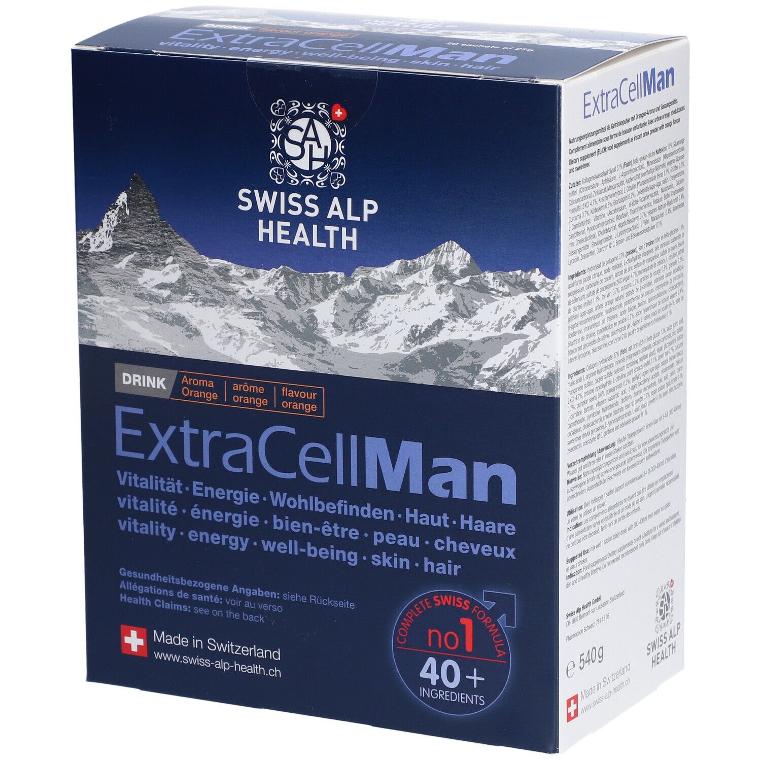 Karton von Swiss Alp Health EXTRA CELL Man Drink. Blaue Verpackung mit Produktnamen und Logo. Enthält 40+ Inhaltsstoffe.