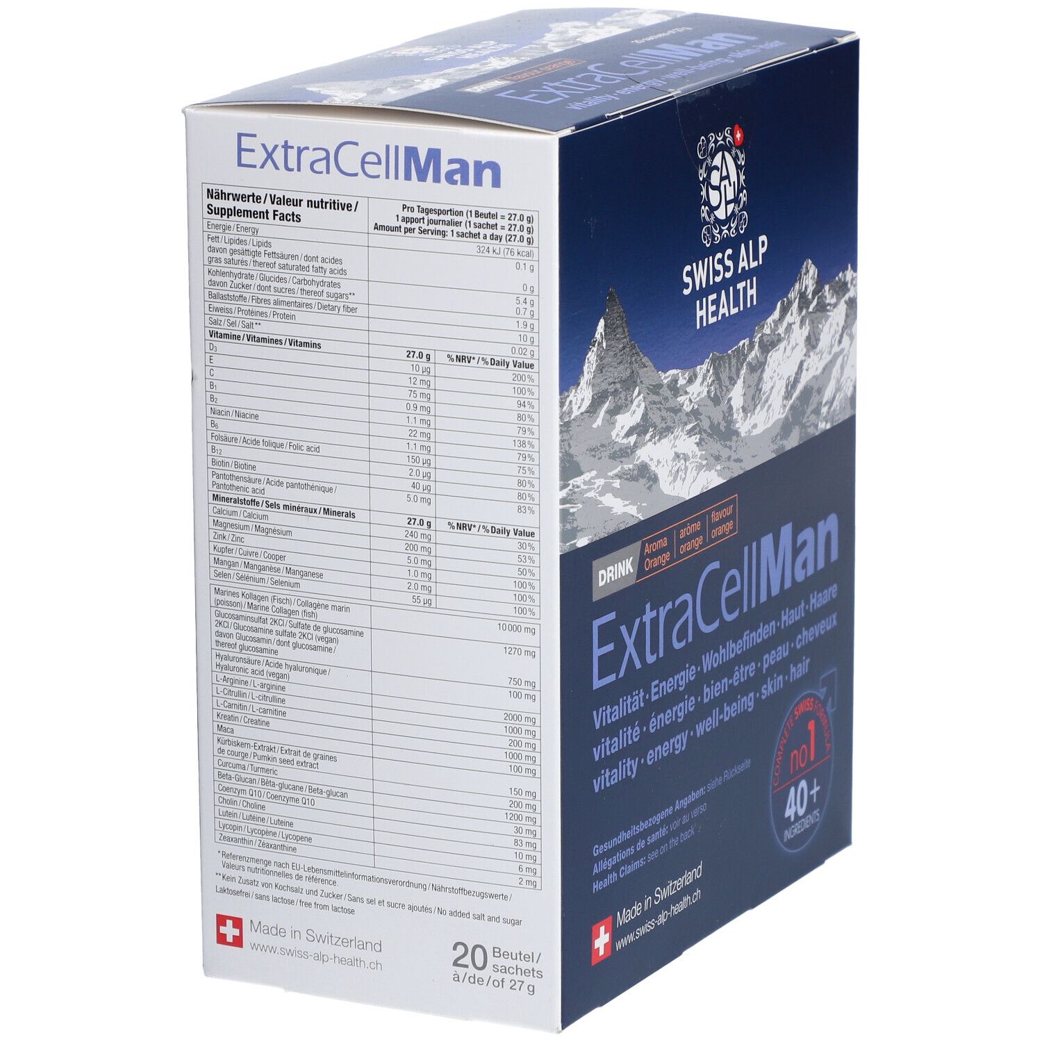 Karton von Swiss Alp Health EXTRA CELL Man Drink. Nährwertangaben auf der Seite. Enthält 20 Beutel.