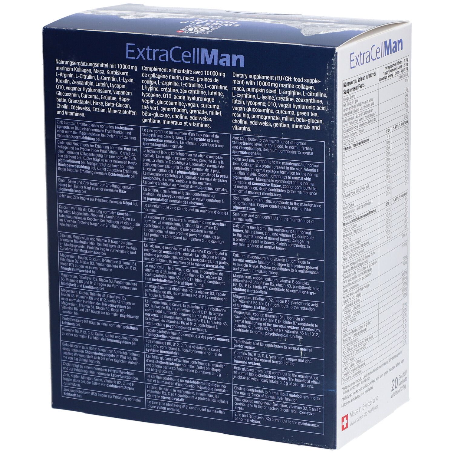 Rückseite der Swiss Alp Health EXTRA CELL Man Drink Verpackung. Text in mehreren Sprachen. Enthält 20 Beutel.