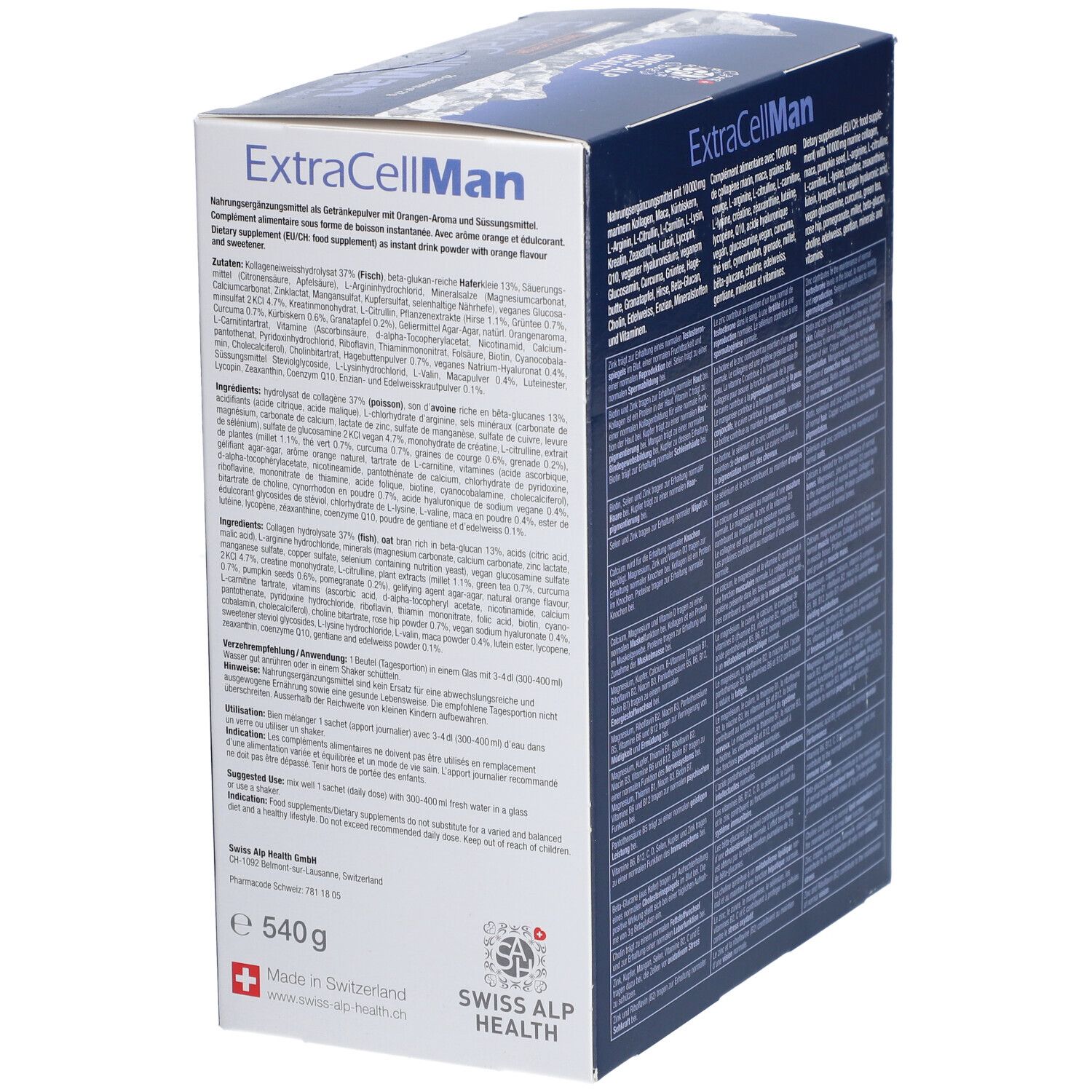 Seite der Swiss Alp Health EXTRA CELL Man Drink Verpackung. Enthält Nährwertangaben und Inhaltsstoffe. Gewicht: 540g.