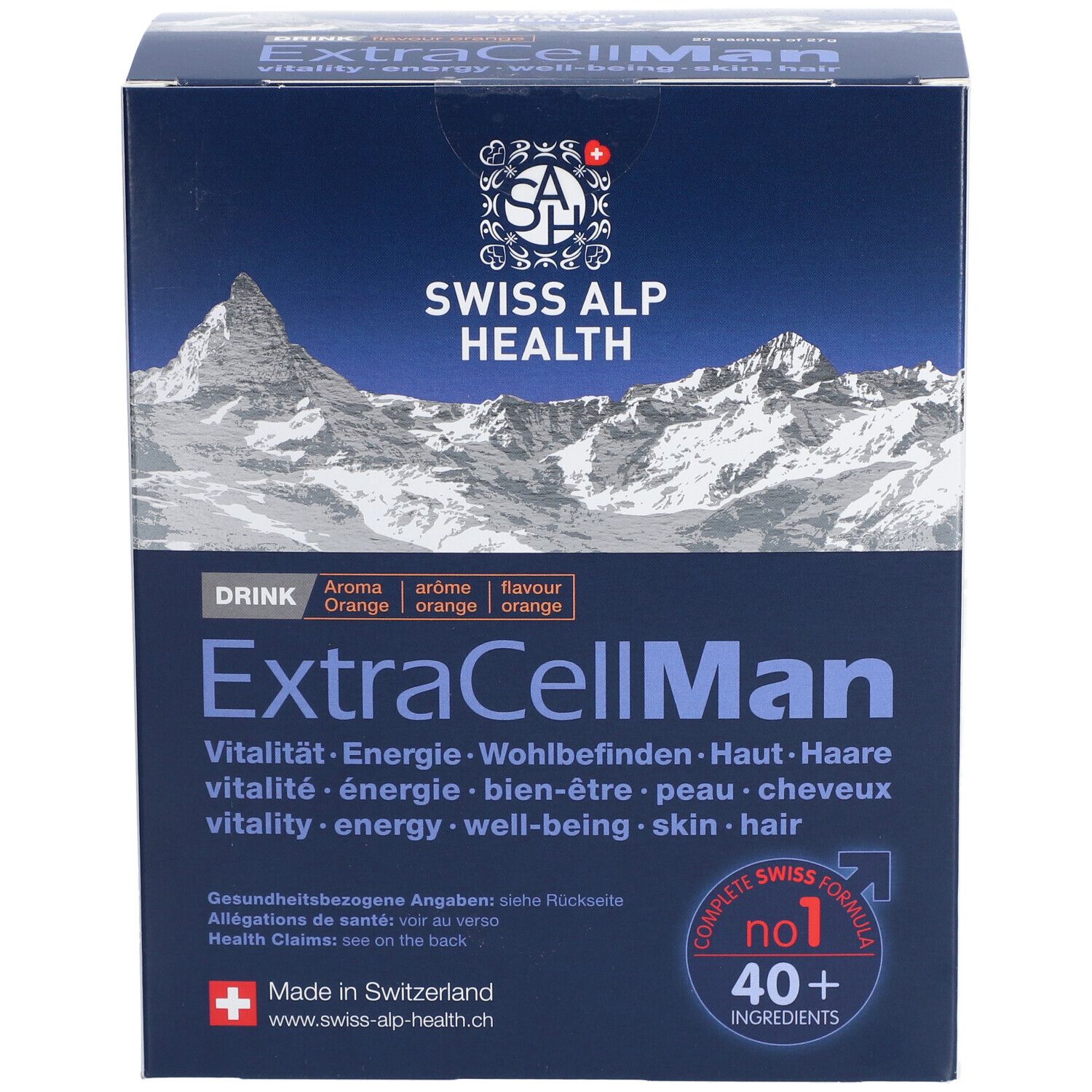 Karton von Swiss Alp Health EXTRA CELL Man Drink. Blaue Verpackung mit Produktnamen und Logo. Enthält 40+ Inhaltsstoffe.