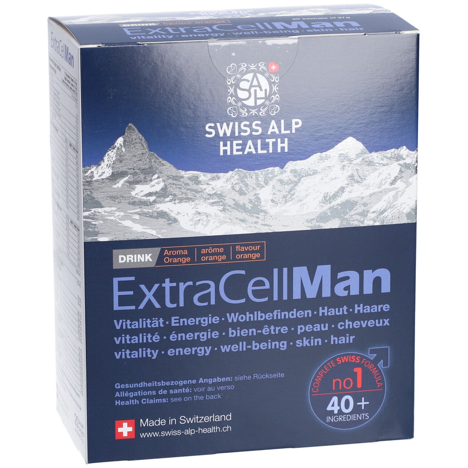 Karton von Swiss Alp Health EXTRA CELL Man Drink. Blaue Verpackung mit Produktnamen und Logo. Enthält 40+ Inhaltsstoffe.