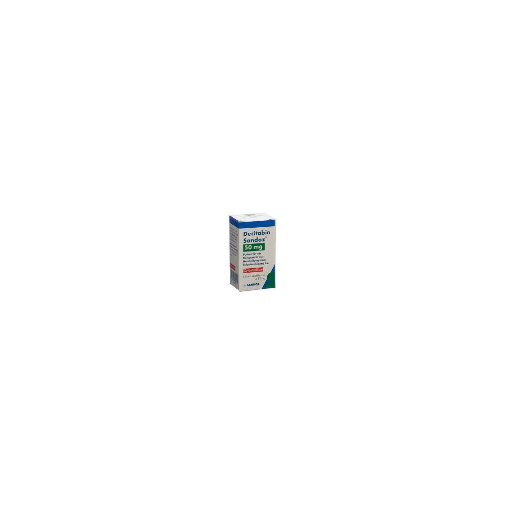 Karton von Decitabin Sandoz 50 mg. Weißer Karton mit blauer und grüner Beschriftung. Produktname und Dosierung deutlich sichtbar.