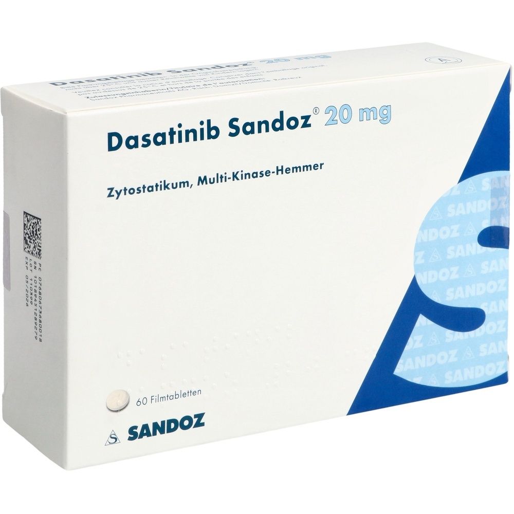 Weiße Schachtel mit blauer Ecke. Beschriftung: Dasatinib Sandoz 20 mg, Zytostatikum, Multi-Kinase-Hemmer. 60 Filmtabletten. Sandoz Logo.