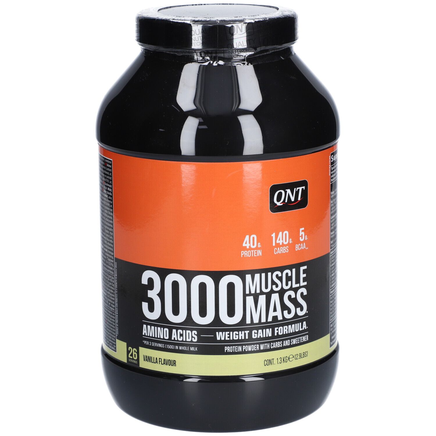 Pot noir avec étiquette orange. Inscription : QNT, 3000 Muscle Mass, Amino Acids, Weight Gain Formula. Saveur vanille.