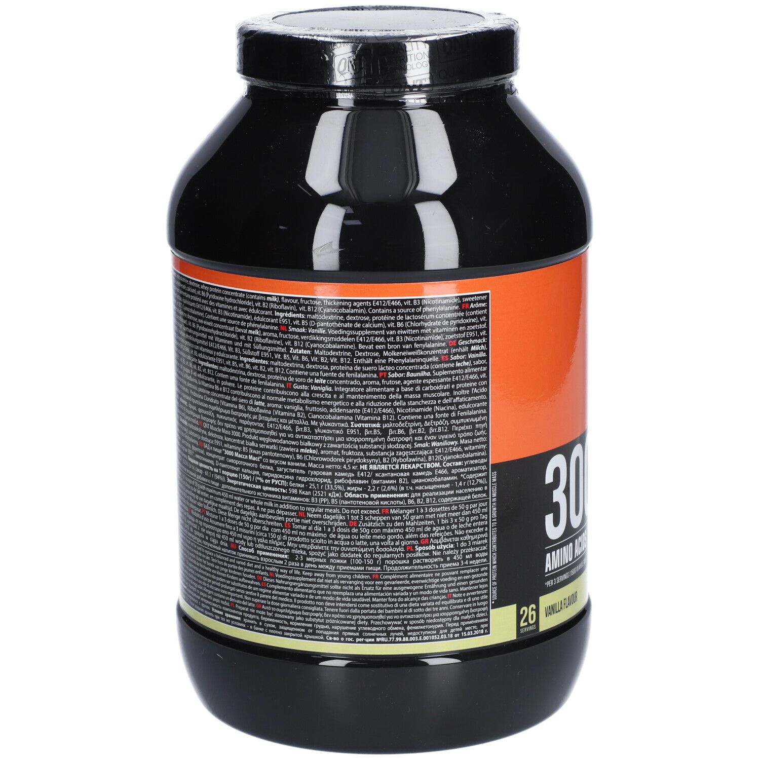 Pot noir, dos avec texte. Étiquette orange. Texte multilingue. Contient des informations sur les ingrédients et la valeur nutritionnelle.