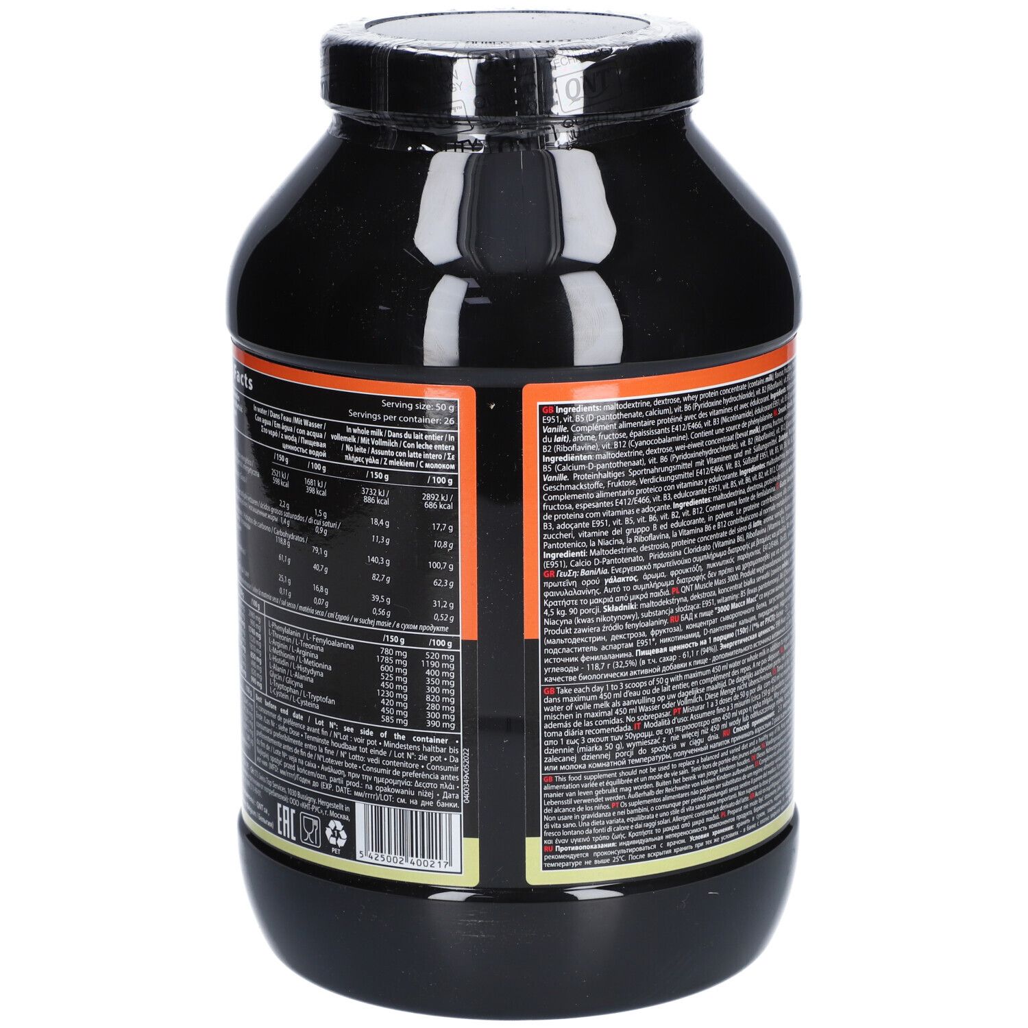 Pot noir, dos avec texte. Étiquette orange. Contient des informations nutritionnelles et des ingrédients. Plusieurs langues.