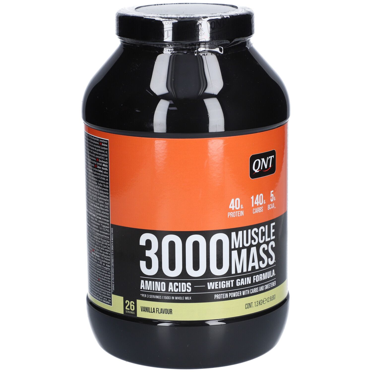 Pot noir avec étiquette orange. Inscription : QNT, 3000 Muscle Mass, Amino Acids, Weight Gain Formula. Saveur vanille.