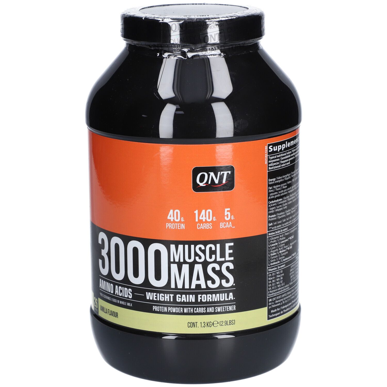Pot noir avec étiquette orange. Inscription : QNT, 3000 Muscle Mass, Amino Acids, Weight Gain Formula. Saveur vanille.