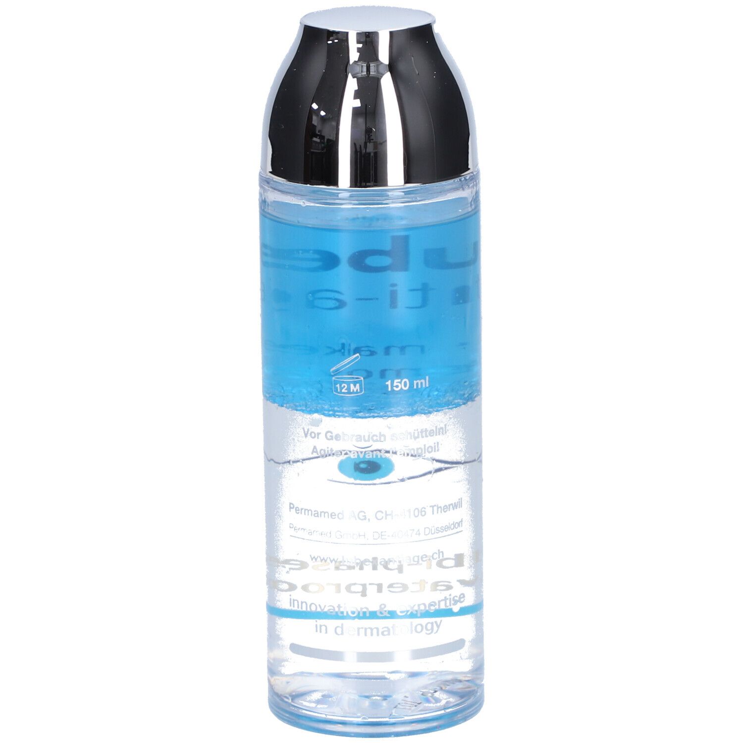 Augen-Make-up-Entferner. Flasche mit blauem und klarem Inhalt. Silberner Deckel. Text: Lubex anti-age, 150 ml.