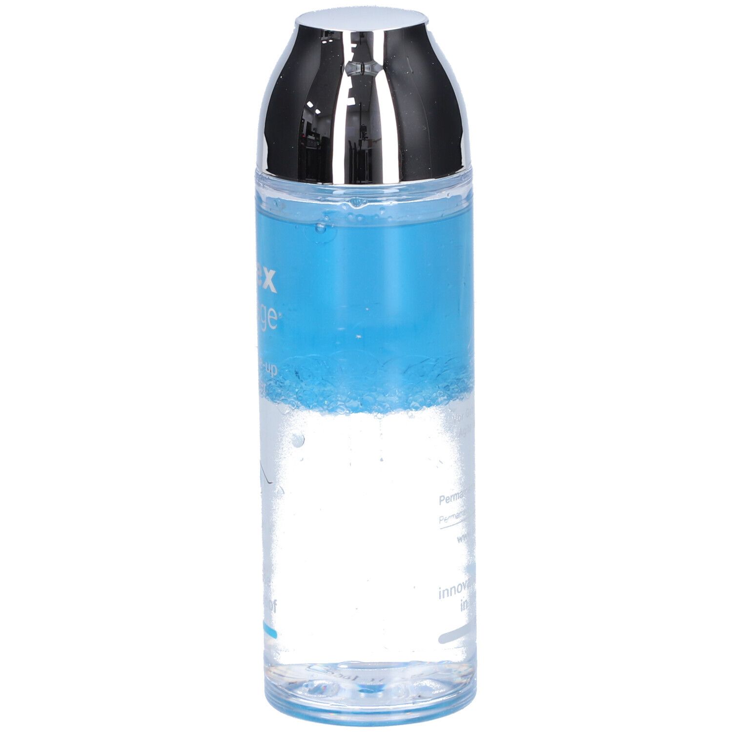 Augen-Make-up-Entferner. Flasche mit blauem und klarem Inhalt. Silberner Deckel. Nahaufnahme des Inhalts.