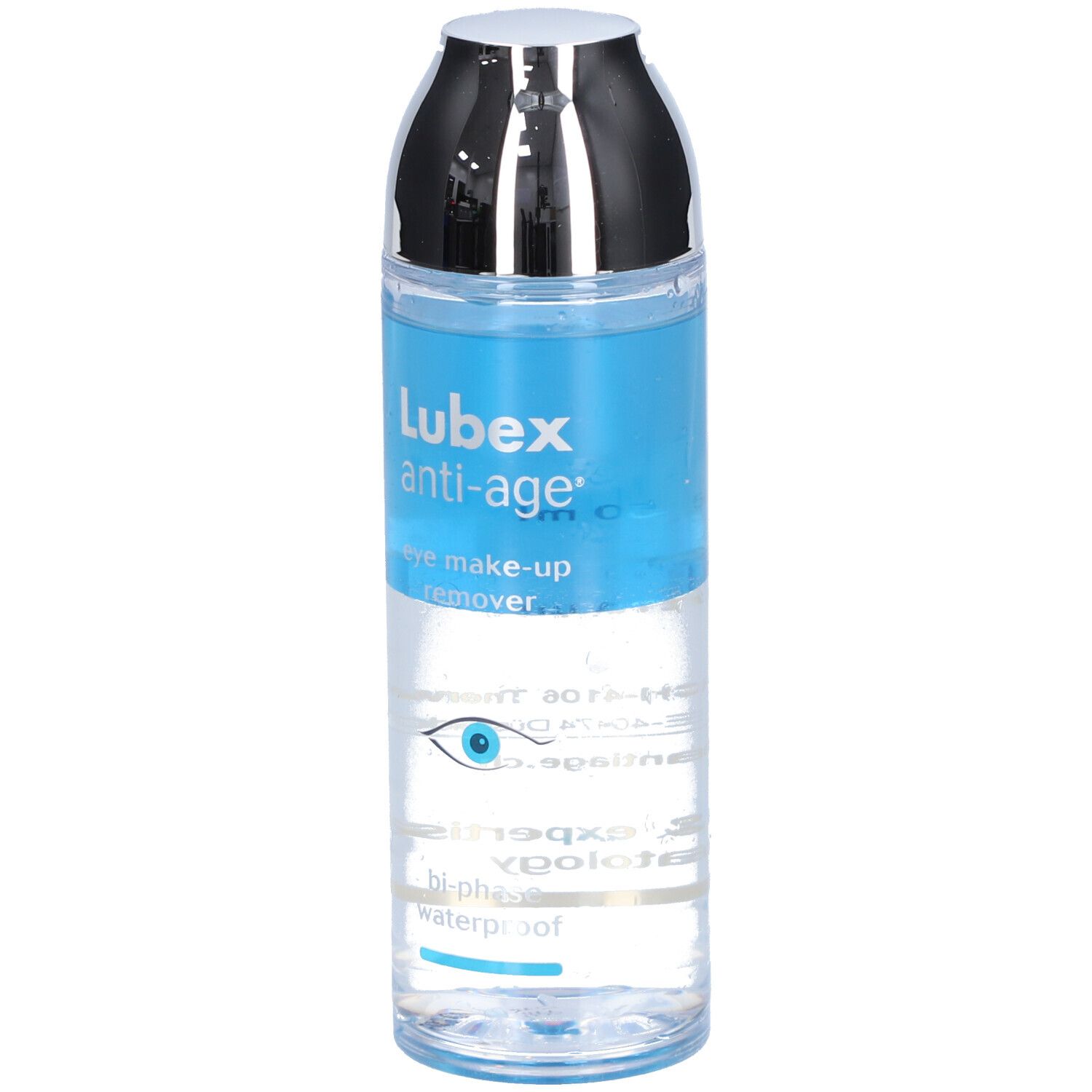 Augen-Make-up-Entferner. Flasche mit blauem und klarem Inhalt. Silberner Deckel. Text: Lubex anti-age eye make-up remover.