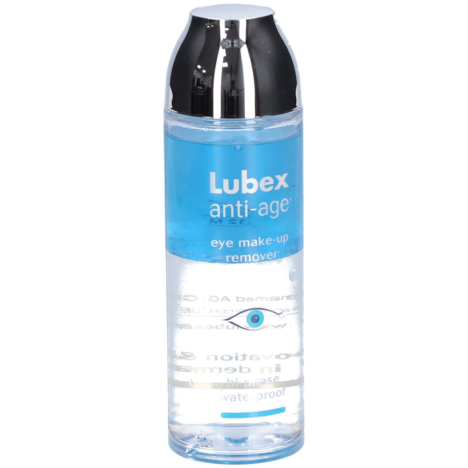 Augen-Make-up-Entferner. Flasche mit blauem und klarem Inhalt. Silberner Deckel. Text: Lubex anti-age eye make-up remover.