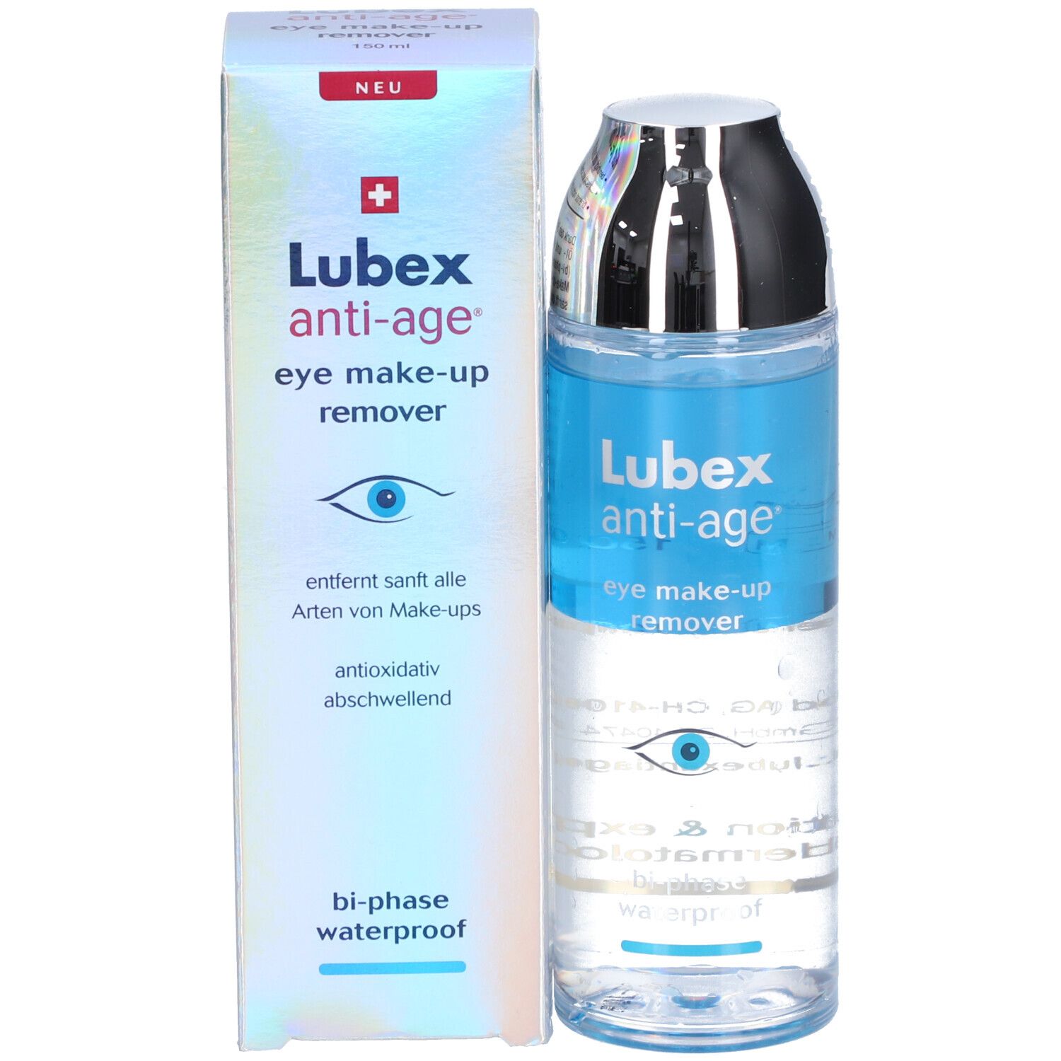 Augen-Make-up-Entferner und Verpackung. Flasche und Schachtel. Text: Lubex anti-age eye make-up remover.
