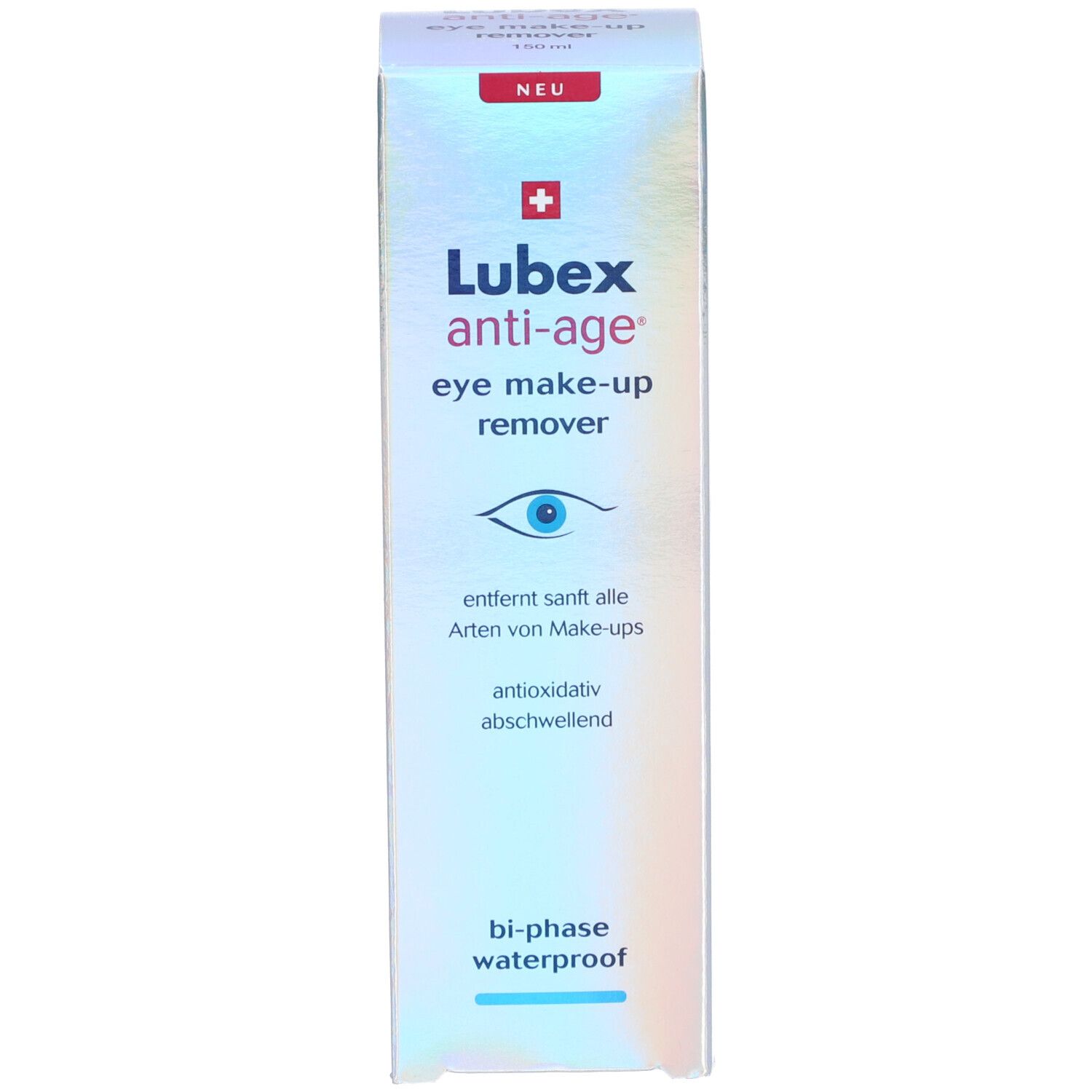 Verpackung des Augen-Make-up-Entferners. Schachtel mit Text: Lubex anti-age eye make-up remover.