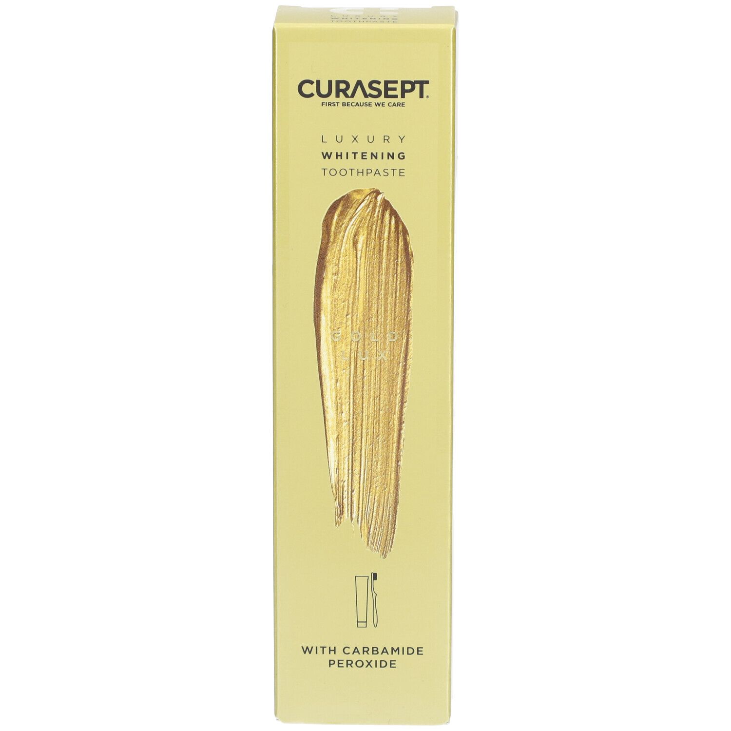 Zahncreme-Verpackung. Marke CURASEPT. Aufdruck: Luxury Whitening Toothpaste. Abbildung Zahnbürste.