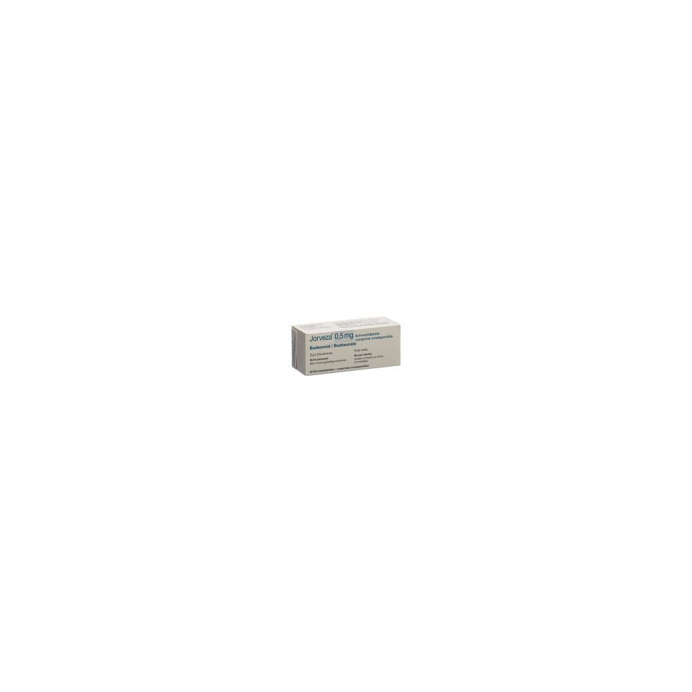 Boîte rectangulaire avec texte "JORVEZA 0.5 mg". Couleur claire, texte noir et bleu. Inscription en allemand.