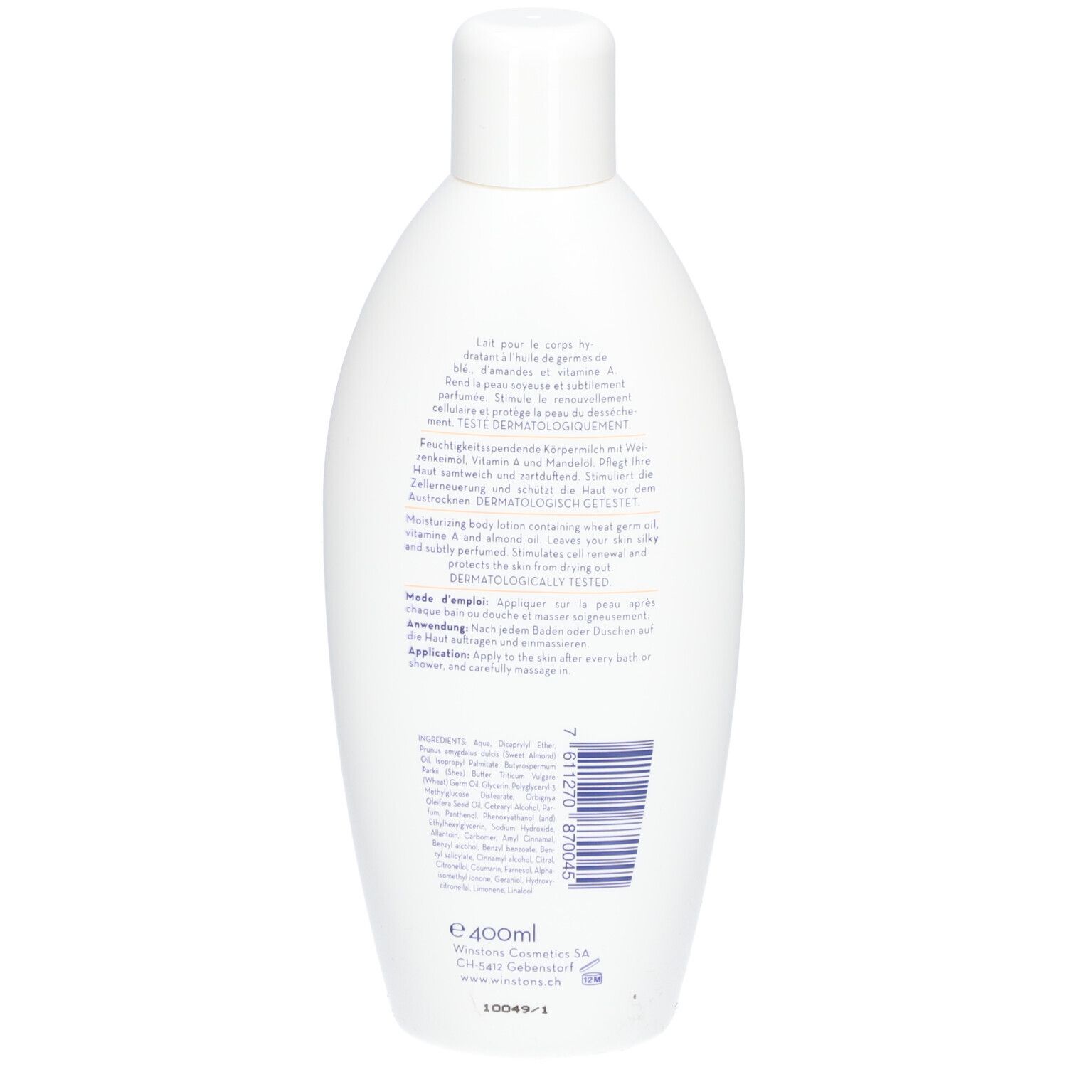 Rückseite einer weißen Flasche mit weißem Verschluss. Text in mehreren Sprachen. Barcode und Volumenangabe.
