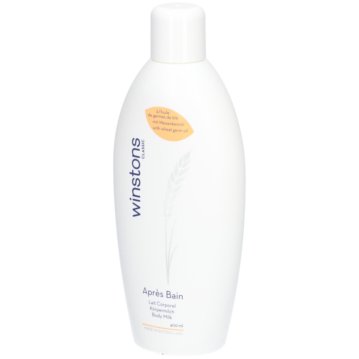 Weiße Flasche mit weißem Verschluss. Aufschrift: winstons classic, Après Bain, Körpermilch, Body Milk. Gelbes Etikett mit Text.