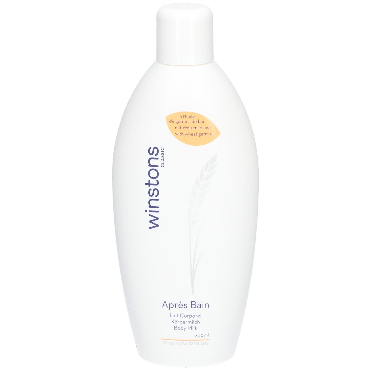 Weiße Flasche mit weißem Verschluss. Aufschrift: winstons classic, Après Bain, Körpermilch, Body Milk. Gelbes Etikett mit Text.