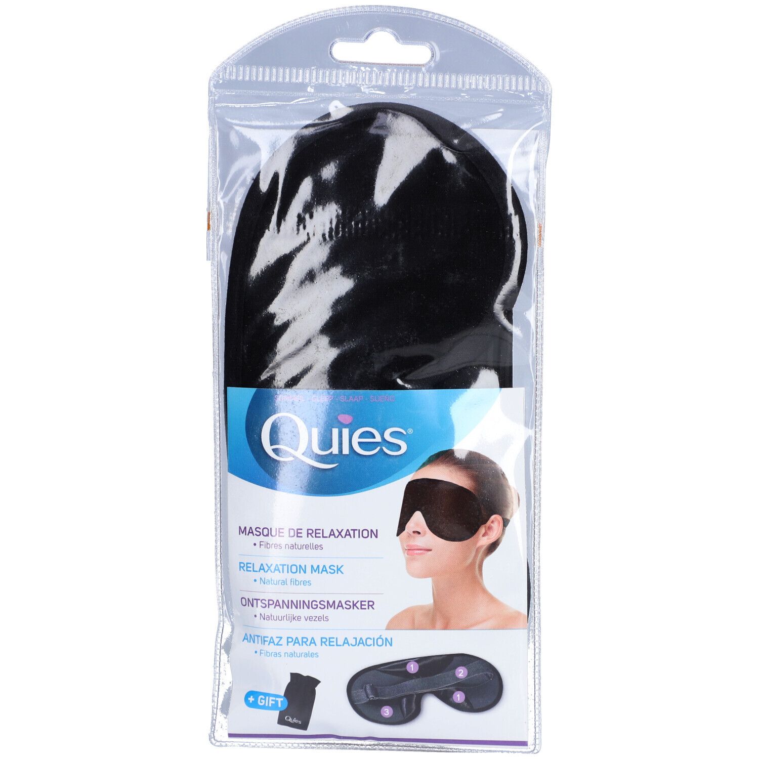 Schwarze Augenmaske in transparenter Verpackung. Marke Quies. Text: Relaxation Mask, Fasern.