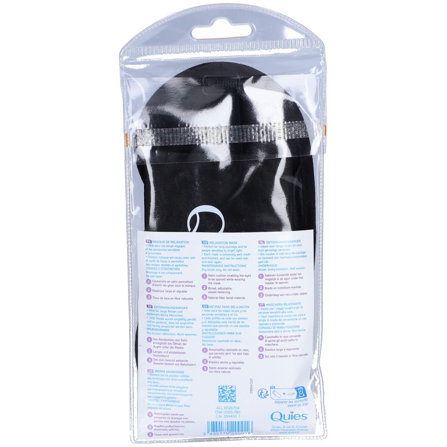 Rückseite der schwarzen Augenmaske in transparenter Verpackung. Marke Quies. Text und Piktogramme.