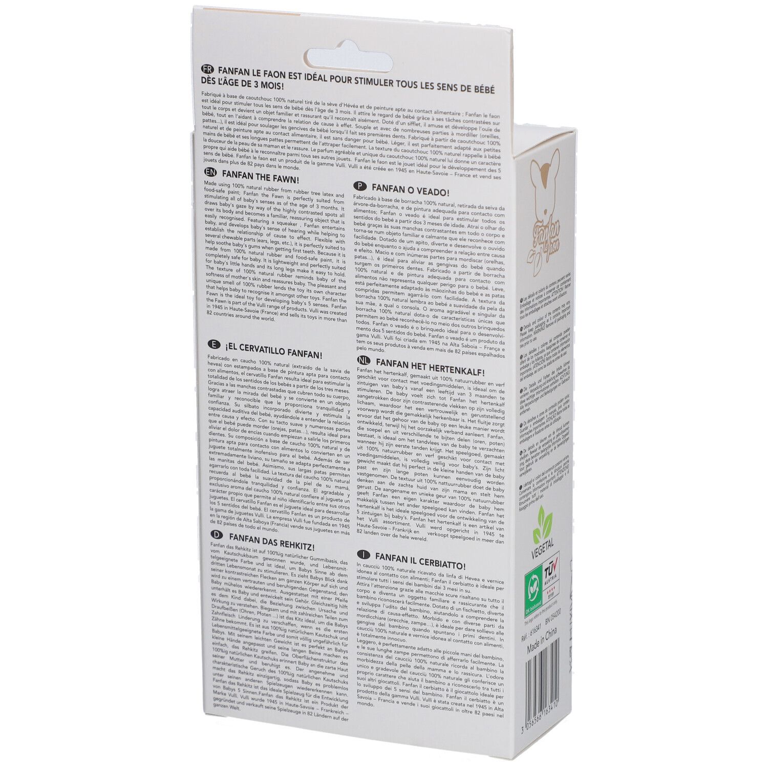 Dos de l'emballage de Fanfan le faon. Texte multilingue. Certification Végétal.