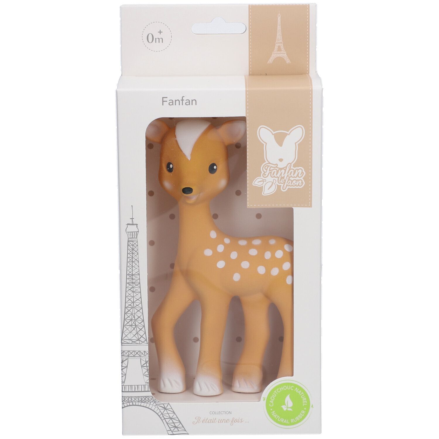 Fanfan le faon dans son emballage. Faon beige-brun à pois blancs. Emballage avec illustration de la Tour Eiffel.