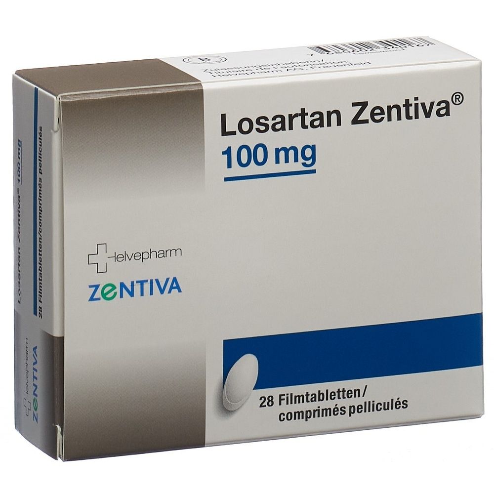 Schachtel mit Losartan Zentiva 100 mg Filmtabletten. Aufschrift: 28 Filmtabletten. Marke und Dosierung deutlich sichtbar.