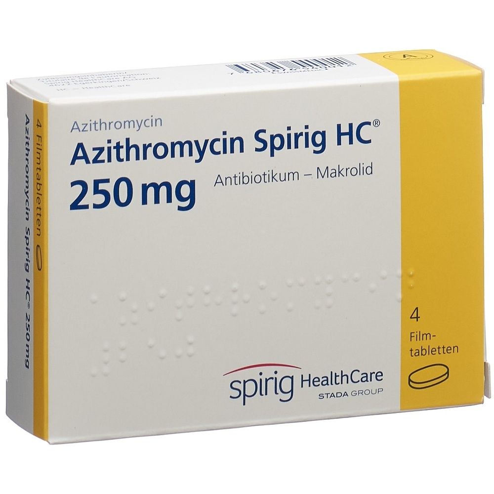 Weiße Schachtel mit gelben Akzenten. Beschriftung: Azithromycin Spirig HC 250 mg, Antibiotikum. Enthält 4 Filmtabletten. Marke: spirig HealthCare.
