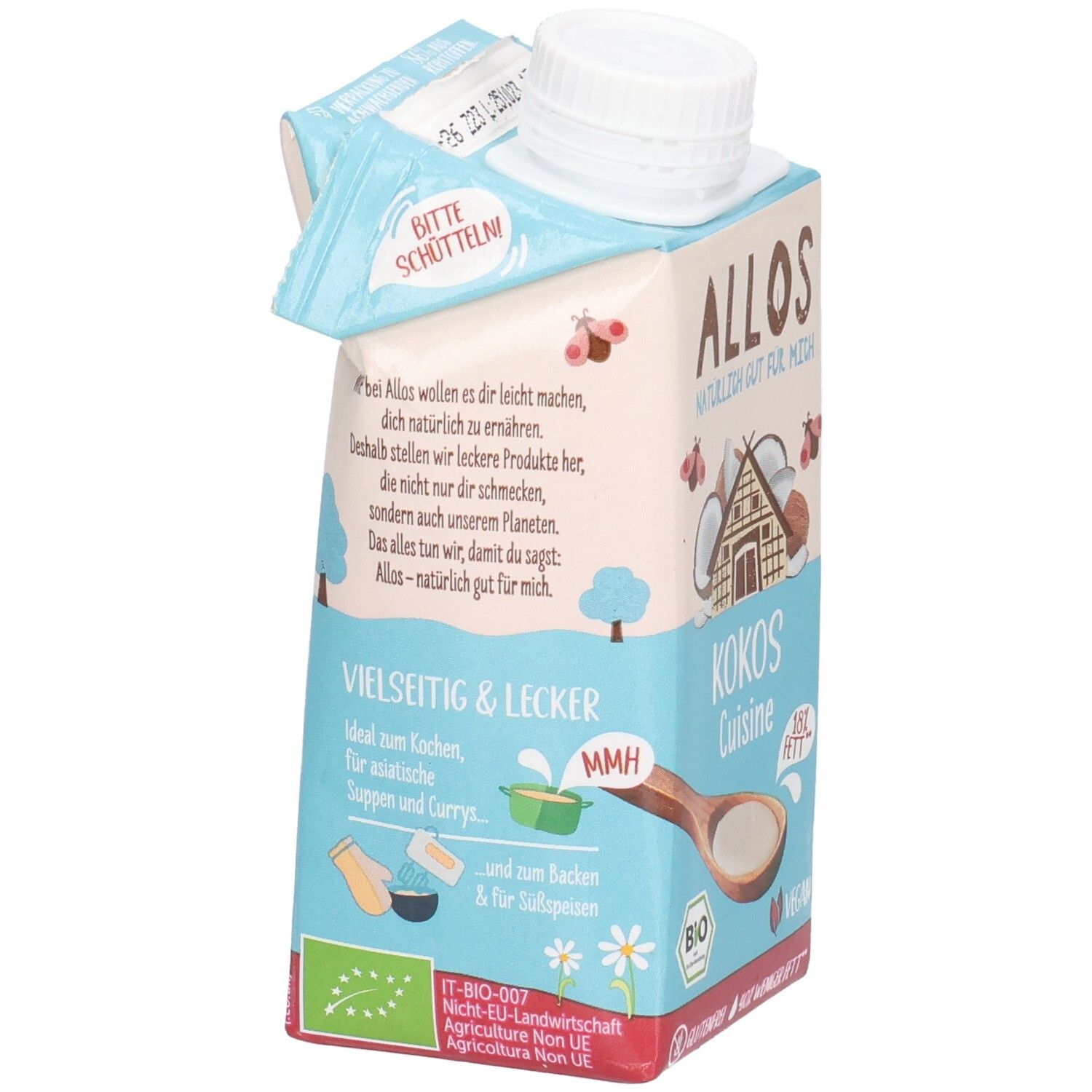 Tetra Pak-Verpackung von Allos Kokos Cuisine. Hellblau mit Produktinformationen und Logo. Bio-Siegel und Text: "Bitte schütteln!"