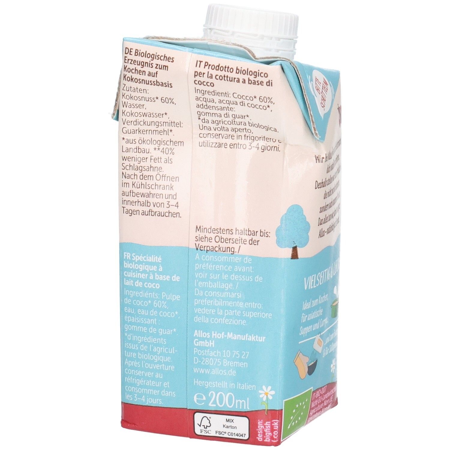 Allos Kokos Cuisine: Seitenansicht der Verpackung mit Zutatenliste und Nährwertangaben. Kokosnussdrink.