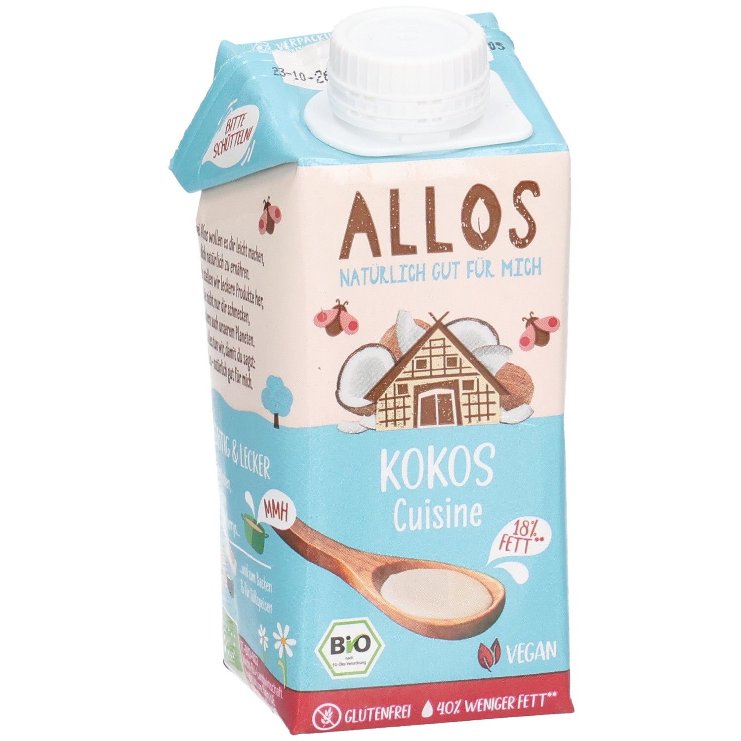 Allos Kokos Cuisine Verpackung. Hellblau mit Logo und Produktbezeichnung. Bio-Siegel, vegan und glutenfrei.